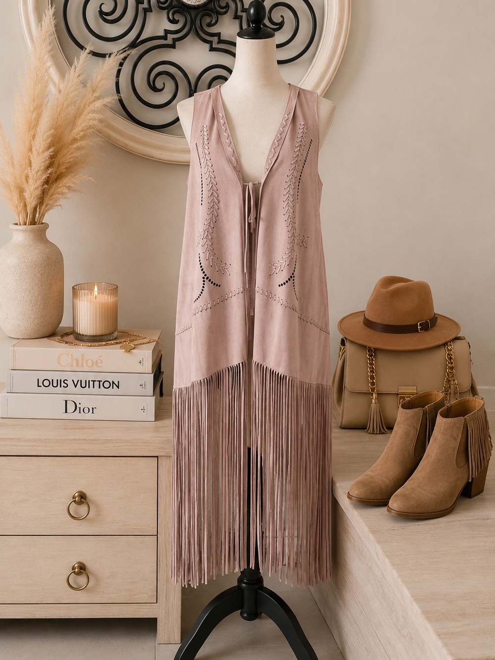 Jessica Simpson Faux Suede Fringe Duster Vest Boho Western Layering Piece Size L